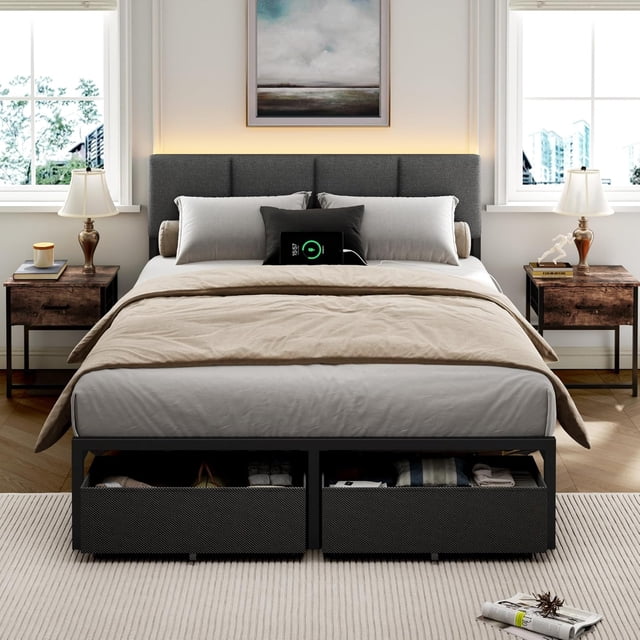 Marco de cama de tamaño matrimonial con 2 cajones de almacenamiento y estación de carga, cama matrimonial con luz LED,