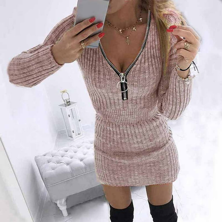 Women s Ribbed Dress Slim Fit Long Sleeve Knit Sweater Dress V