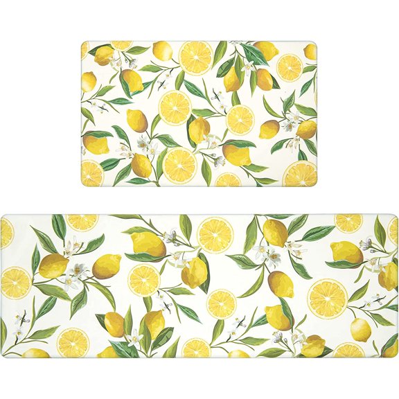 Lemon Kitchen Rugs Set 2 Pieces Anti Fatigue Waterproof Stain Resistant Floor Rug Runner Non Slip Wipe Clean Cushioned Floor Mat, 17"x27.5" 17"x47",White