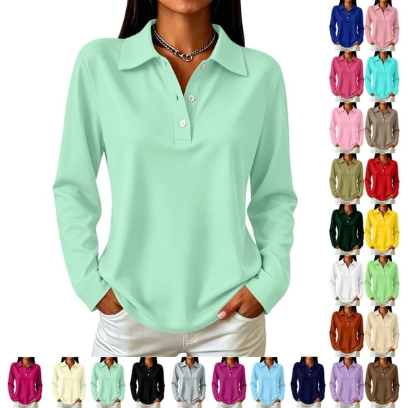 UDAUDU Women's Golf Shirt Long Sleeve Collared Golf Shirts Fall Fashion 3 Button Work Blouses Business Casual Polo Shirt Light Green S