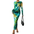 thumbnail image 3 of Women'S Bodycon Maxi Dress Fashion Long Sleeve Floral Print Tight Fitted Party Club Ruched Dresses Dark Green XS, 3 of 10