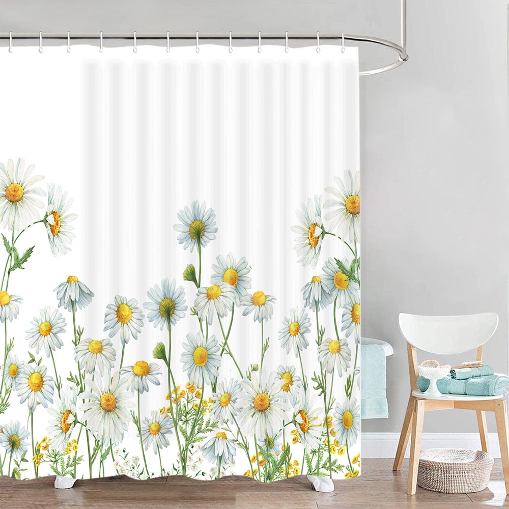 Spring Floral Fabric Shower Curtain, Daisy Flowers White Yellow Bathroom Shower Curtain Sets, Plants Bathtub Waterproof Curtains Decor with Hooks,72X75 inch