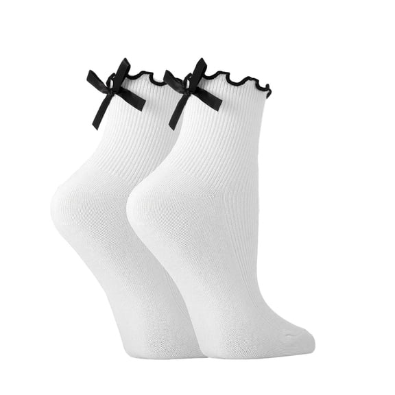 WHEANG Compression Socks For Women Bow Ruffle Casual Crew Cute Black White Soft Breathable Cotton Frilly Ankle Socks 1 Pair White One Size