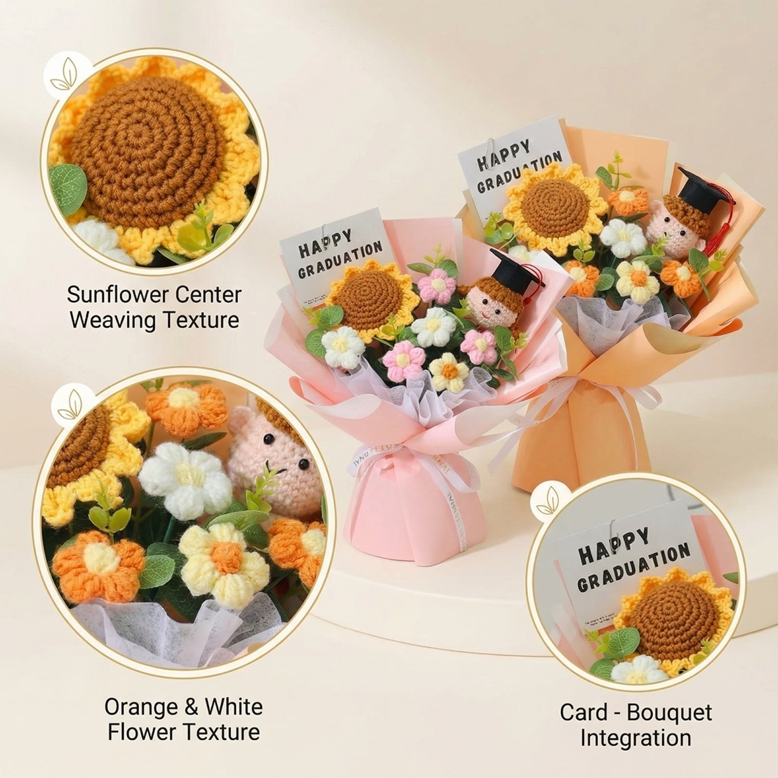 Knitted Sunflower Puff Bouquet for Graduation Season - Handmade Woolen Flower Arrangement with Graduation Card & Doctor Hat Decor, Pink - Ideal Gift for Classmates, Friends, Adults on Graduation, Com