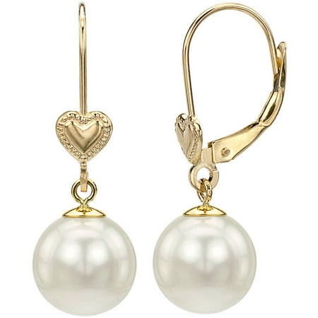 9-10mm White Round Cultured Pearl and 14kt Yellow Gold Heart Earrings with Leverback Closer