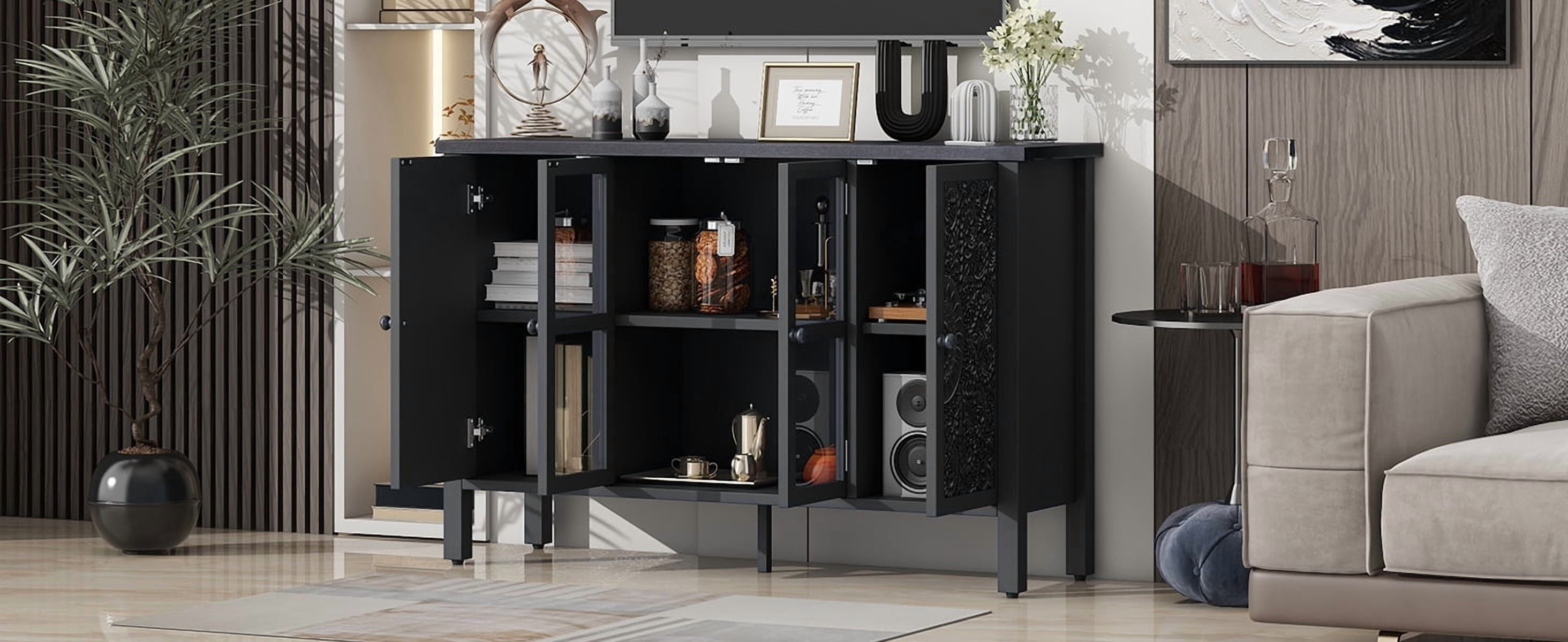 Euroco 47.2" American Retro-Style TV Stand – Media Console with Glass Door, Carved Cabinet Storage, Adjustable Shelves, Anti-Tip Device for TVs up to 43", Entertainment Center