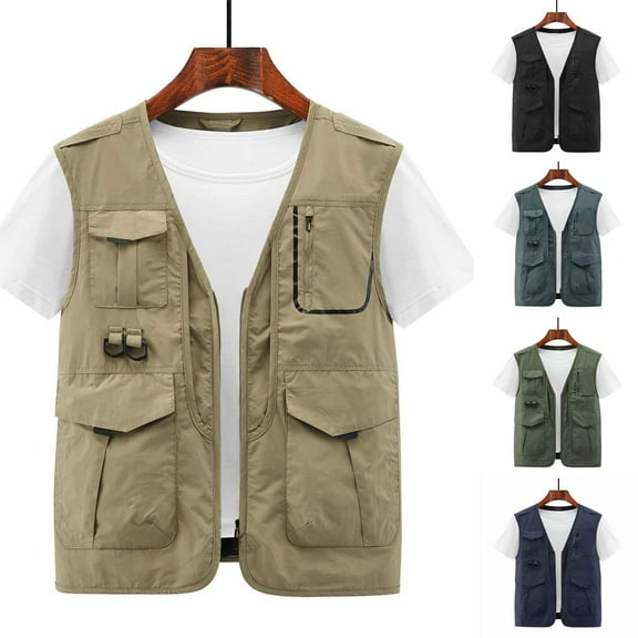 Miluxas Men's Casual Lightweight Outdoor Fishing Work Safari Travel Photo Cargo Vest Jacket Multi Pockets Khaki
