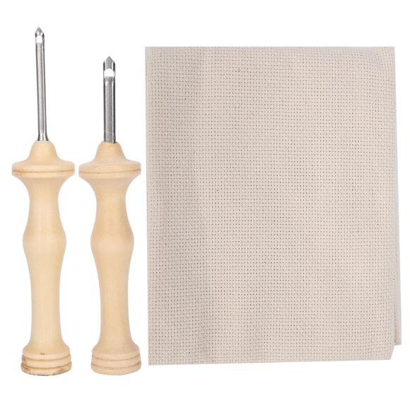 2 punzones para bordar, agujas para coser tela, herramienta para tejer con mango de madera.