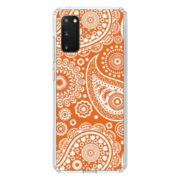 DistinctInk Clear Shockproof Hybrid Case for Galaxy S20 / S20 5G (6.2" Screen) - TPU Bumper, Acrylic Back, Tempered Glass Screen Protector - Orange White Paisley