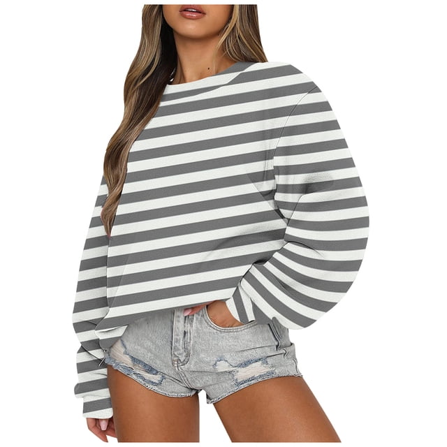 Rbaofujie Chandails à Capuchon pour Femmes, Rayé, Décontracté, Imprimé, Col Rond, Manches Longues, Haut Ample, Chandails Molletonnés, Cardigan Gris, Chandails pour Femmes