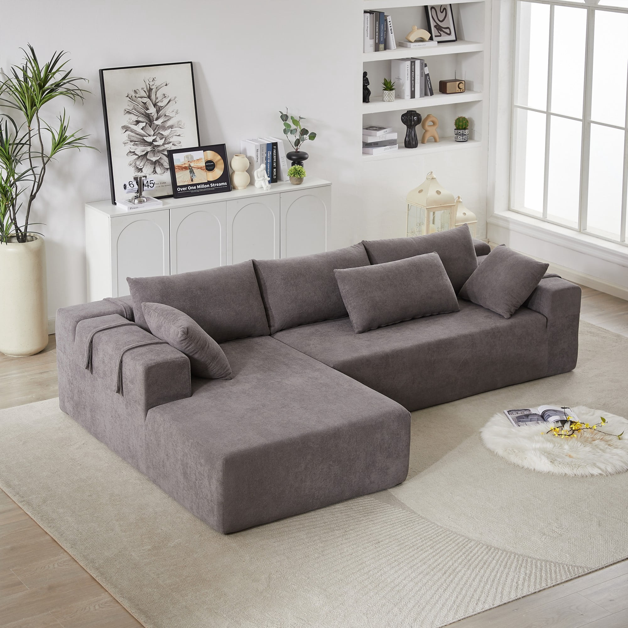 Modern Upholstered Sectional Sofa Couch,108" L Shaped Chenille Modular Free Combination Sofa Couch With 6 Pillows for Living Room,Bedroom,Left Chaise,Grey
