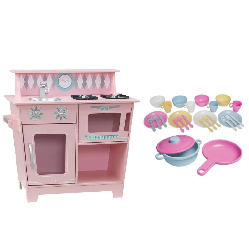 Girls Play Kitchen Set and 27 Piece Kitchen Dish Play Set in Pastel