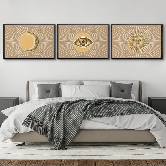 IDEA4WALL Framed Canvas Print Wall Art Set of 3 Sun, Eye and Crescent Moon with Radiant Lines Modern Art Wall Decor Abstract Geometric Prints Contemporary Minimal Artwork - 16"x24"x3 Black