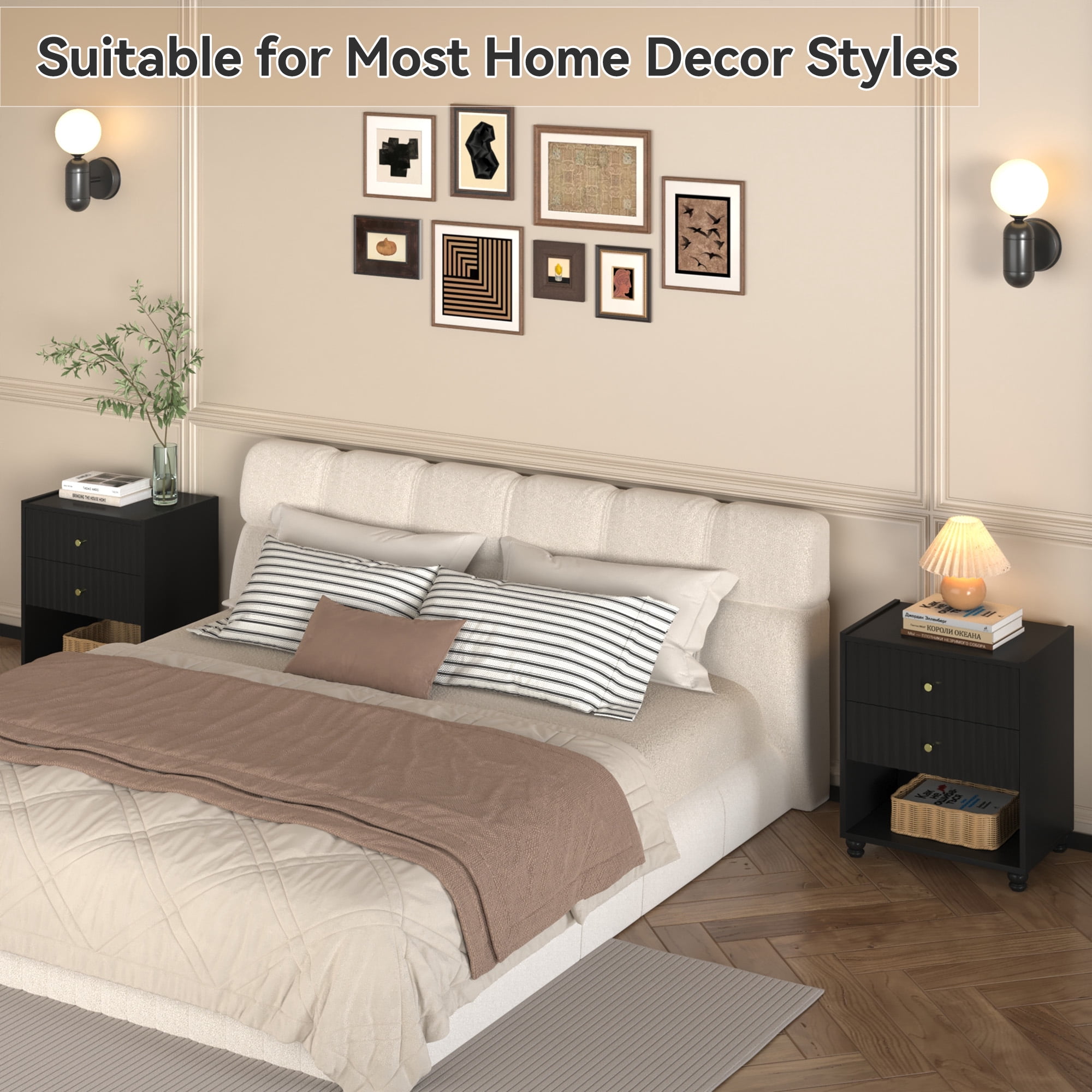 ZOSQUARE Modern Nightstand, Black Fluted Bedside Table with 2 Drawers and Open Shelf, End Tables with Gold Knobs for Bedroom, Living Room