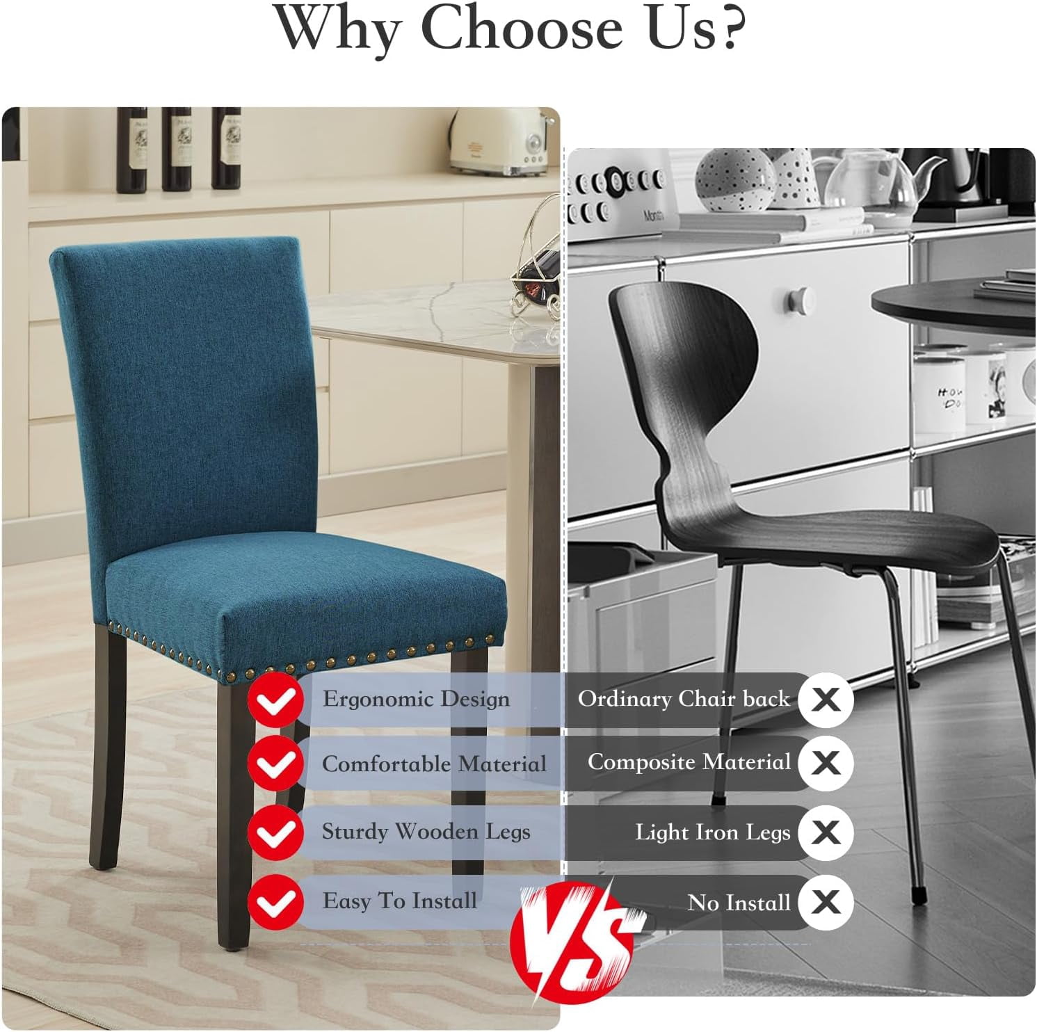 Dining Chairs Set of 2 Upholstered Parsons Diner Room Chair Sets Fabric Kitchen Chairs with Nailhead Trim/Sturdy Wood Legs and Padded Cushion Modern Living Room Chairs, Dark Blue