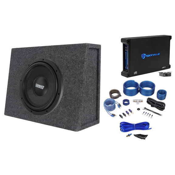 Sundown Audio SML-12 D4 Bundle: 12-inch 600W RMS Slim DVC 4-Ohm Subwoofer, dB13 Amp, RSST12 Enclosure, RWK41 Kit, 5-items