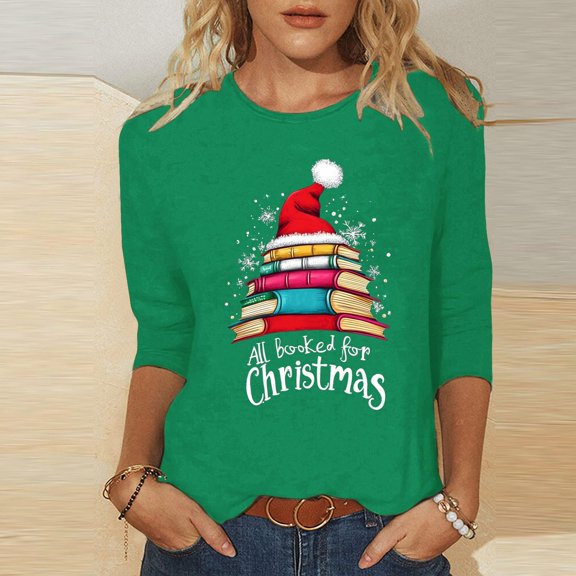 LEKWK Xmas T Shirts for Women Xmas Tree Crew Neck 3/4 Sleeve Tops Womens Xmas Shirts Casual Bling Christmas Shirts for Women