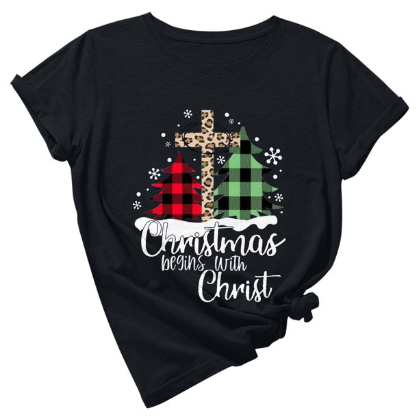Camisas Navideñas A Cuadros Para Mujer, Cuello Redondo, Entramado, Estampado de Árbol de Navidad, Camisetas de Manga Corta Odeerbi ODB207929