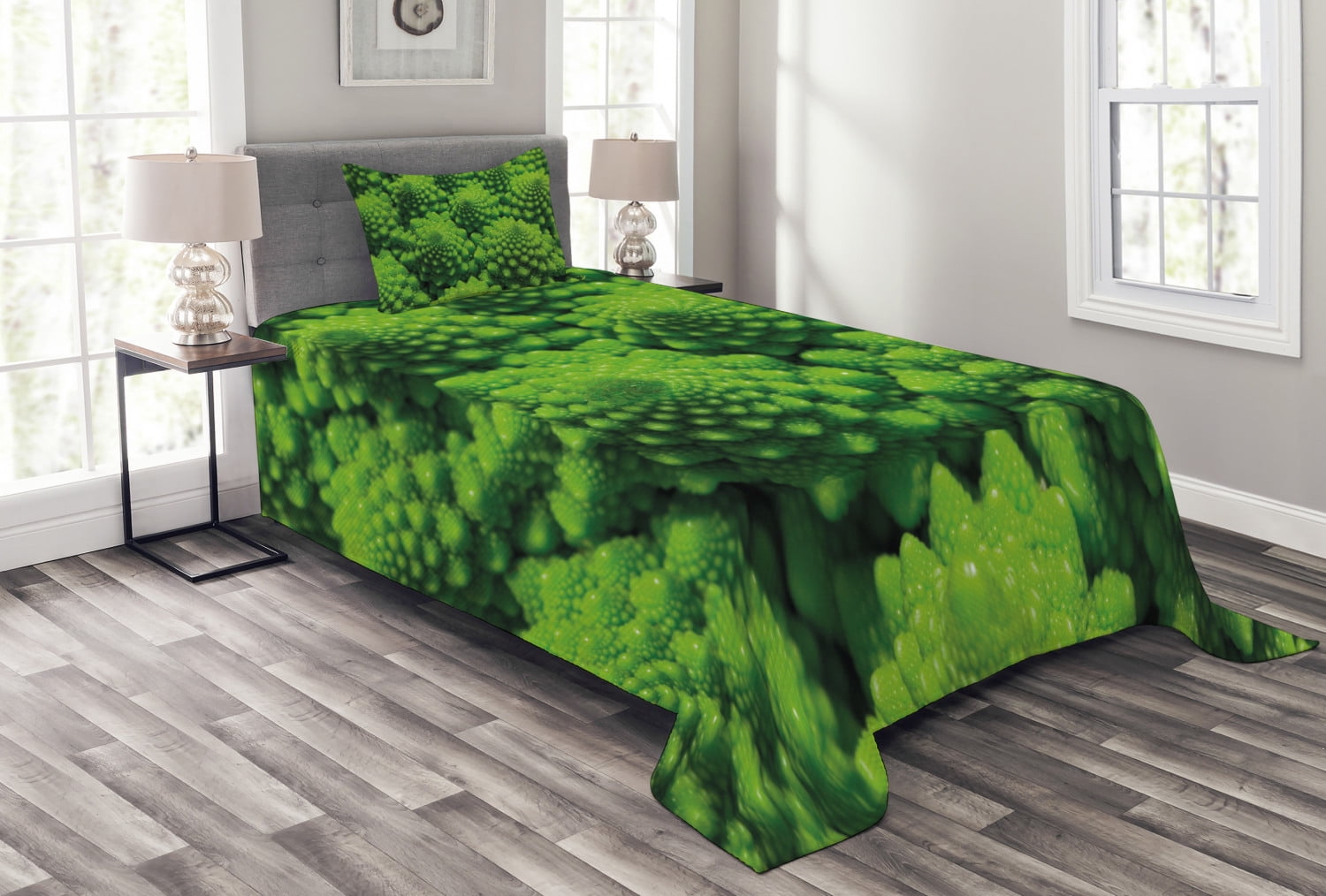 Nature Bedspread Set Twin Size, Broccoli Kale Mother Earth Herbs Themed