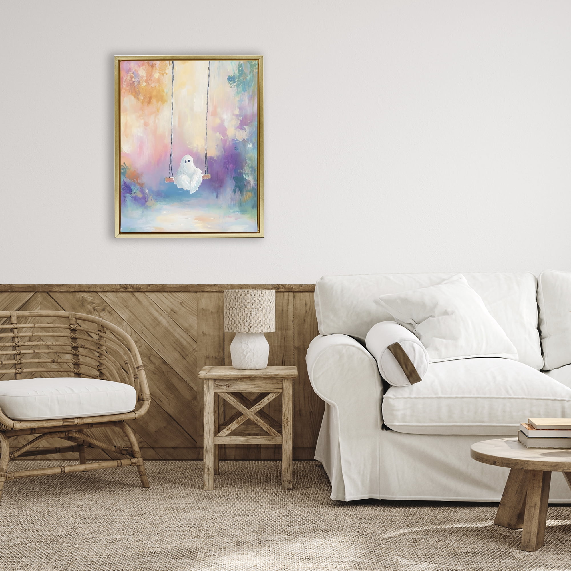 Stupell Industries Watercolor Ghost on Swing Gold Framed Floater Canvas Wall Art, design by The Prints Vibe