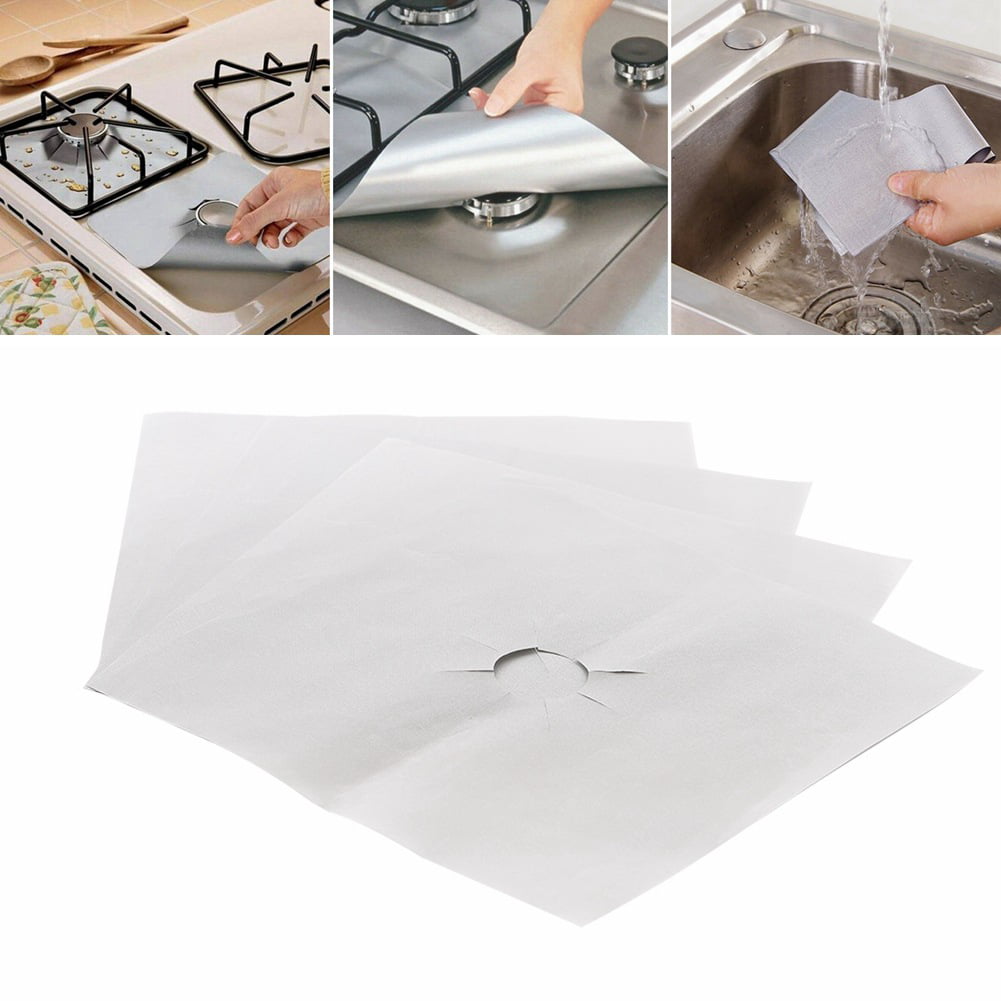 Youngy 4Pieces Reusable Aluminum Foil Gas Stove Burner Cover Protector Liner Clean Mat Pad File Injuries Protection Silver 