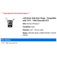 thumbnail image 2 of Left Driver Side Door Hinge - Compatible with 1975 - 1986 Chevy K10 1976 1977 1978 1979 1980 1981 1982 1983 1984 1985, 2 of 2