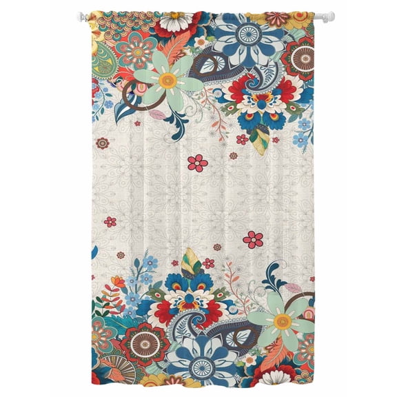 Sheer Curtains 84 Inches Long, Boho Flowers Semi Sheer Curtains Light Filtering Window Treatment, Abstract Ethnic Vintage Bohemian Floral Privacy Voile Drapes for Living Room Bedroom 52x84 Inch