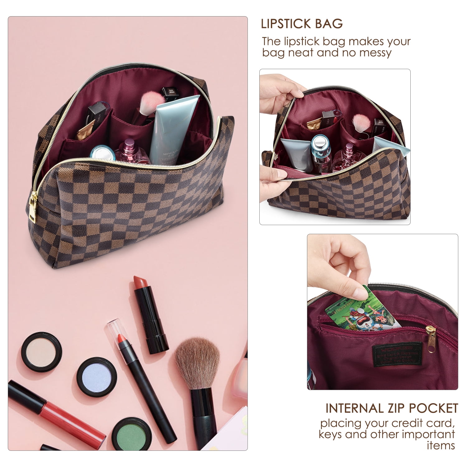 Gogad Checkered Travel Makeup Bag, Vegan Leather Large Retro Cosmetic Pouch, Toiletry Bag for Women, Portable and Waterproof, Brown, Size: Large*W*H=11.8*5*
