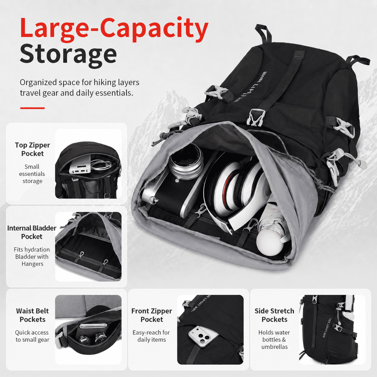JIDIZHE 32L Polar Explorer Hiking Backpack, Lightweight Water-Resistant Outdoor Travel Backpack for Men & Women, Black