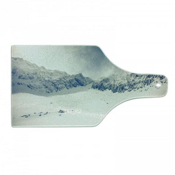 Winter Cutting Board, Fantasy Lands on Top of the World with Snowy Cliffs and Stones Alps Tranquil Empty, Tempered Glass Cutting and Serving Board, Wine Bottle Shape, White Blue, by Ambesonne