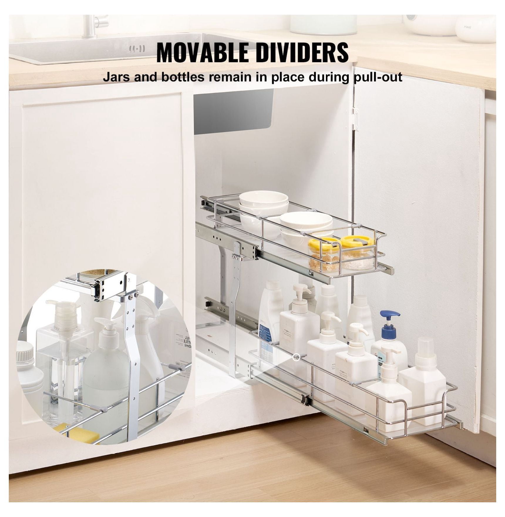 Pull Out Cabinet Organizer 8.5"x21", Slide Out Pantry Shelves, Steel Roll Out Drawers, Under Sink Storage, 10"x22" Install Size, Adjustable Dividers