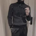 thumbnail image 3 of Suéter de punto negro de cuello alto para hombre, jersey de cuello alto liso a rayas, jersey de gran tamaño, productos más vendidos en 2024, 3 of 5