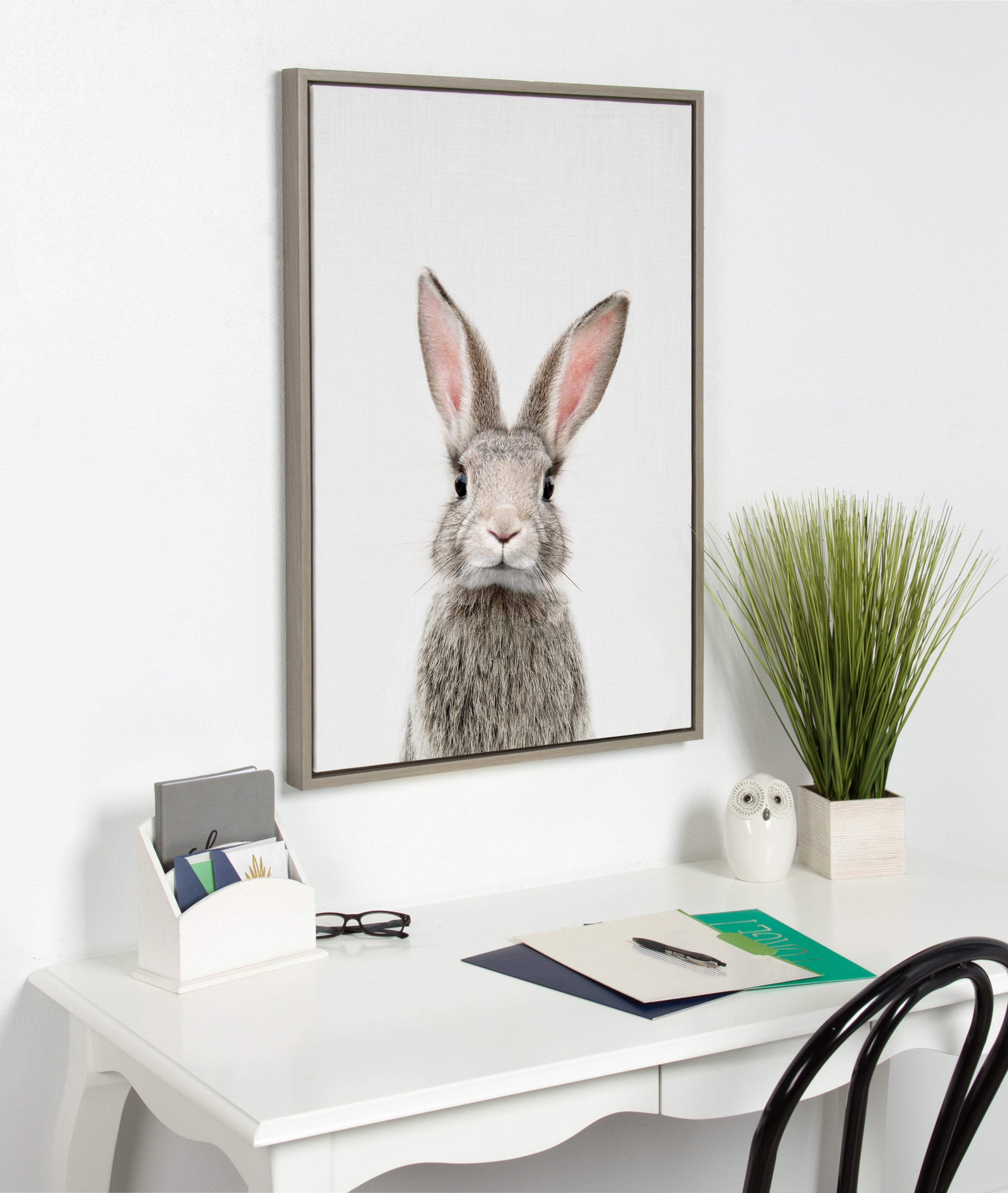 Kate and Laurel Sylvie Female Baby Bunny Rabbit Animal Print Portrait Framed Canvas Wall Art by Amy Peterson, 23x33, Gray