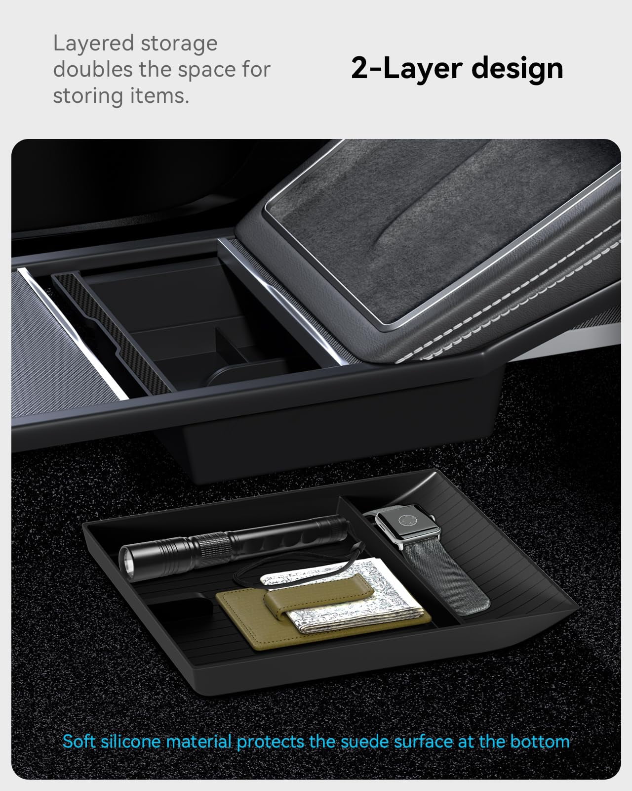 GUANGHUI for Tesla New Model Y Juniper Center Console Organizer Tray Divided Storage Double Layer Space Slide smoothly Model Y 2025 2026 Accessorie - 4 PCS, Black