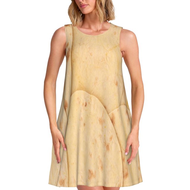 Fotbe taco tortilla Vestido de Verano sin Mangas para Mujer – Vestido Midi Línea A, Estilo Camiseta Floral, Vestido Playero Casual y Fluido