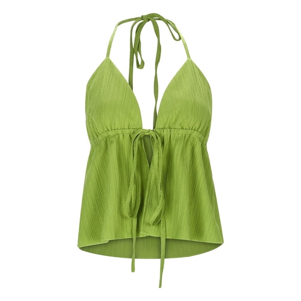 Top con tirantes y cordones en la espalda para mujer - Diseño jacquard con cordón, color liso, estilo informal/sexy, lavable a máquina, tallas S-XL