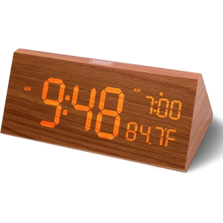 Wooden , Electric Clocks with Dual USB Port, Large Numbers, Temperature Display, Brightness Dimmer, Sound-Activated Display, Snooze, 12/24H, Brown