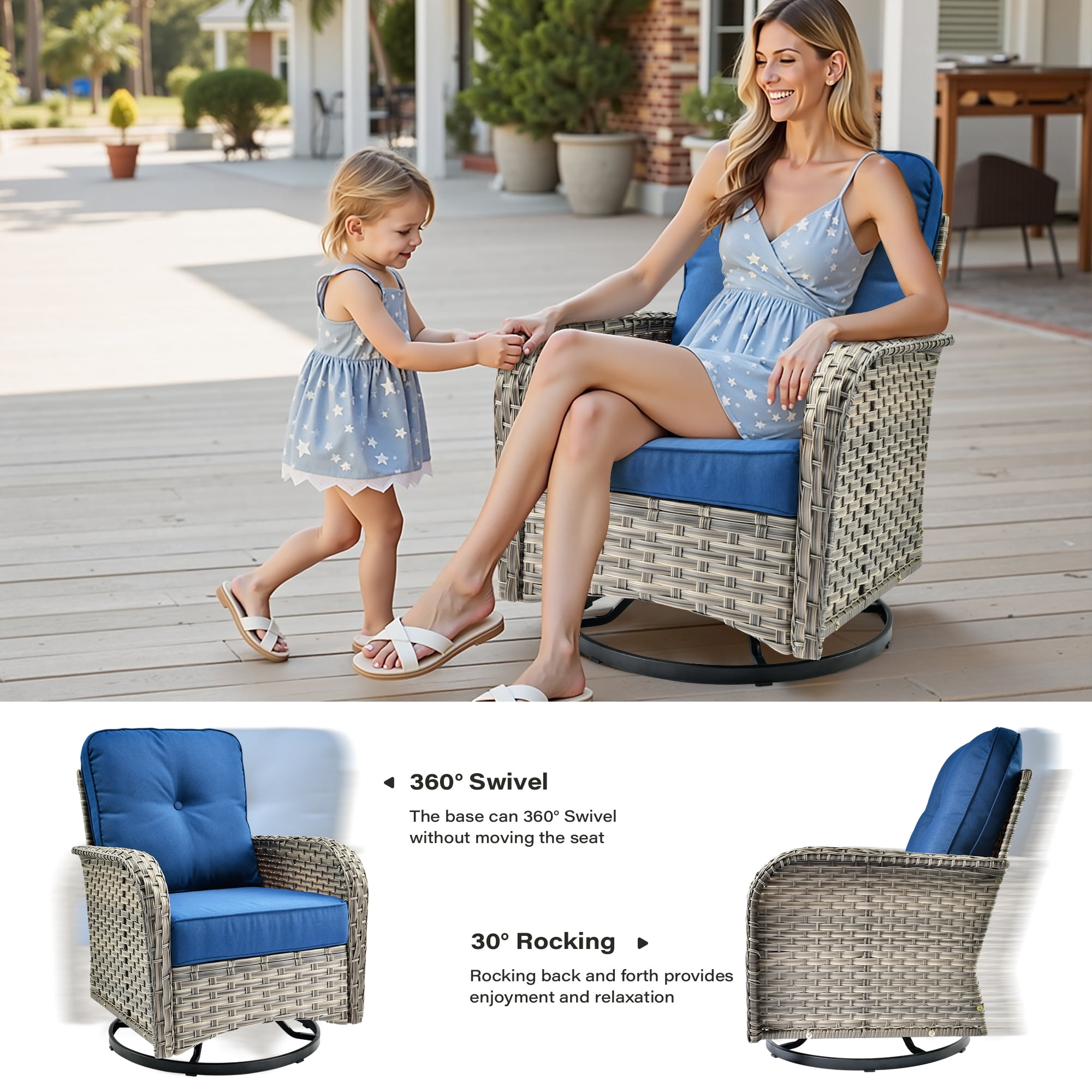Toject Patio Furniture 8 Pieces All Weather Wicker Patio Conversation Set with Solar Powered Coffee Table Outside Furniture Outdoor Sectional with Swivel Chairs for Backyard, Navy Blue