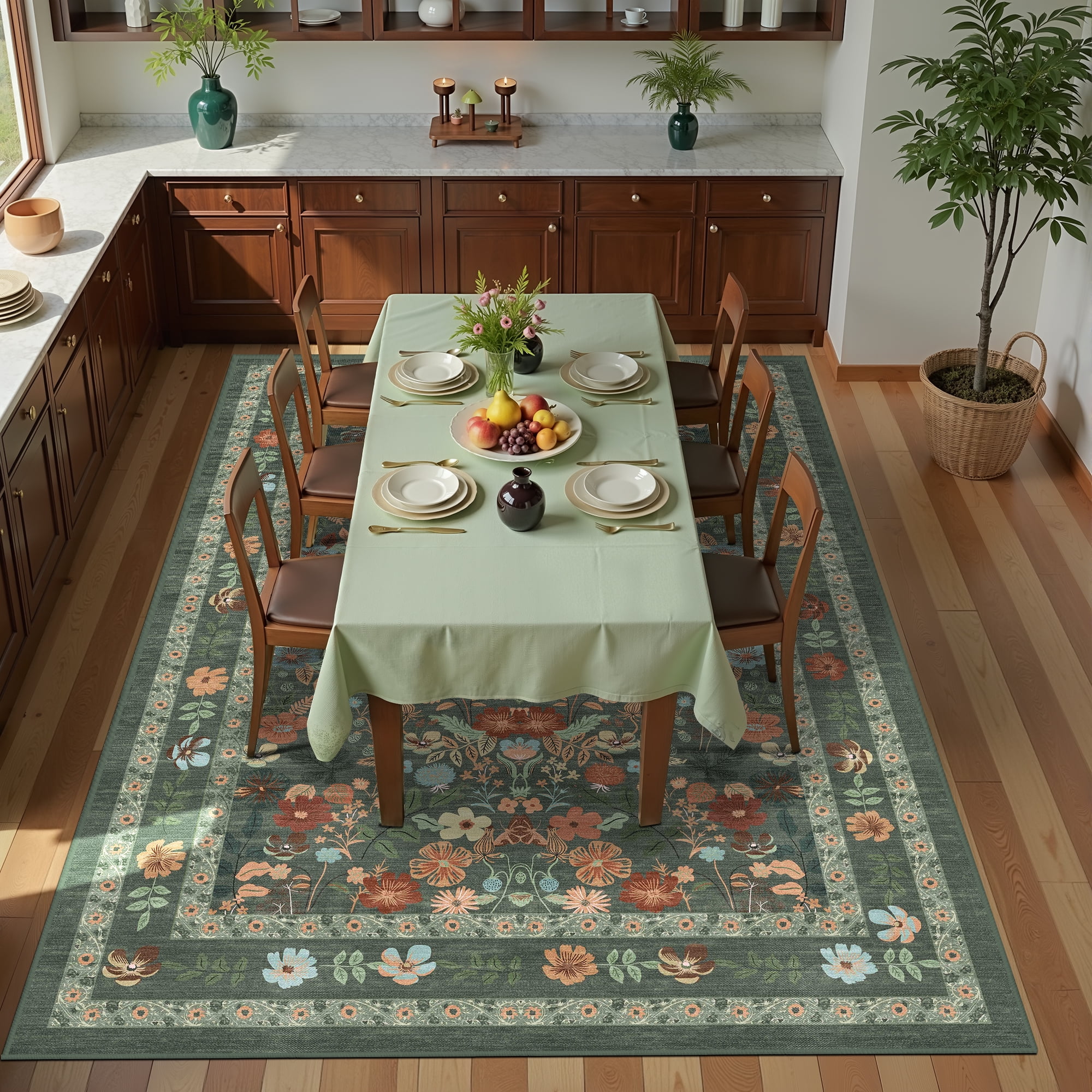 ATHOPE 6x9 Area Rugs for Living Room Bedroom, Floral Washable Soft Low Pile Rug with Non-Slip Backing, Large Vintage Distress Print Pattern Carpet, Green Floral