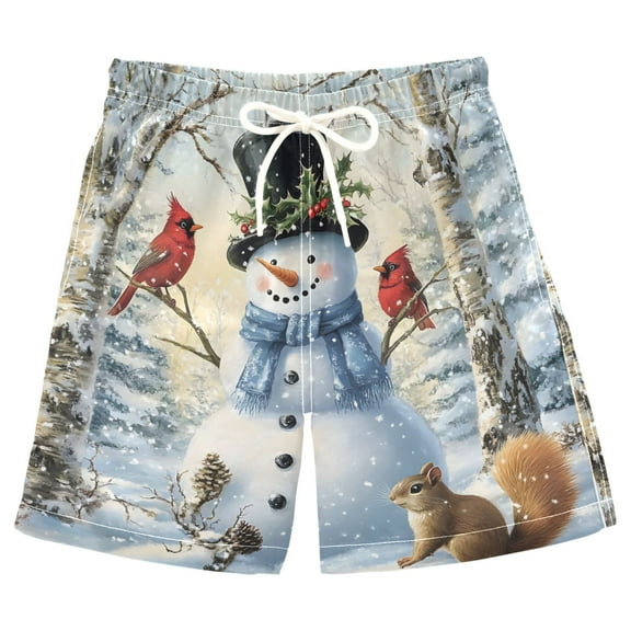 joogoo Kids Boys Swim Trunks Christmas Snowman with Cardinal Beach Board Shorts Drawstring Swimsuit Kid Teen L