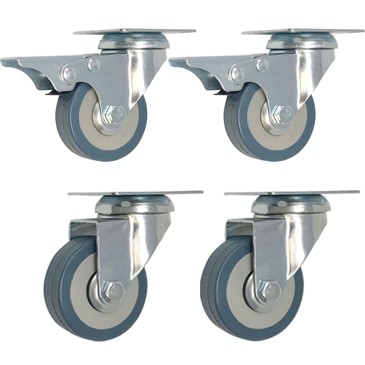 Set Of Four 4" Heavy Duty PU Swivel Casters 2 With Brake Blue Wheel 2 Without 