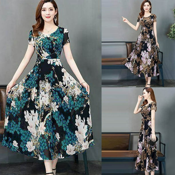 serenas moda casual mujeres o cuello de manga corta vestido largo impreso delgado una linea de vestidopangjing Bodega Aurrera en linea