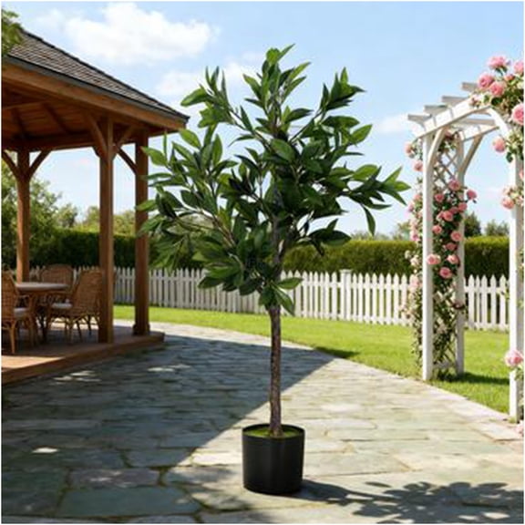 JERFIT 37.4" Artificial Bay Laurel Tree Potted in Cement Planter, Realistic Fake Plant for Home Office Decor, No Maintenance Faux Greenery