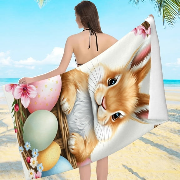RKSupls Easter Bunny Egg Floral Wreath Blossom Microfiber Beach Towel, Extra Large Quick Dry Lightweight Towel for Travel Swimming Camping, Soft Super Absorbent- 55.1x27.6in