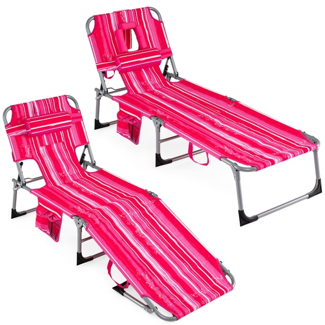 Gymax 2PCS Tanning Chair w/4-Position Adjustable Backrest Face Arm Holes & Pocket Pink Stripe