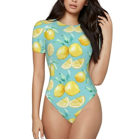 Naloa Yellow Lemon Women s Short-Sleeved Onesie  One-Piece Swimsuit for Parties  dates  clubs - Medium