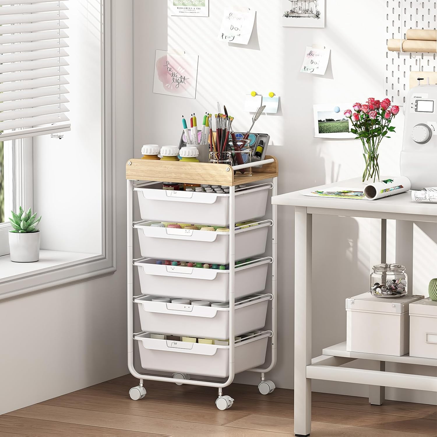 Plastic Drawer Organizer with Wooden Top, 5-Drawer Rolling Cart for Crafts and Office Storage