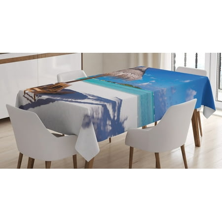 

Landscape Tablecloth Island Caribbean Honeymoon Themed Beach Seashore Ocean Print Rectangular Table Cover for Dining Room Kitchen 60 X 84 Inches White Light Brown and Turquoise by Ambesonne