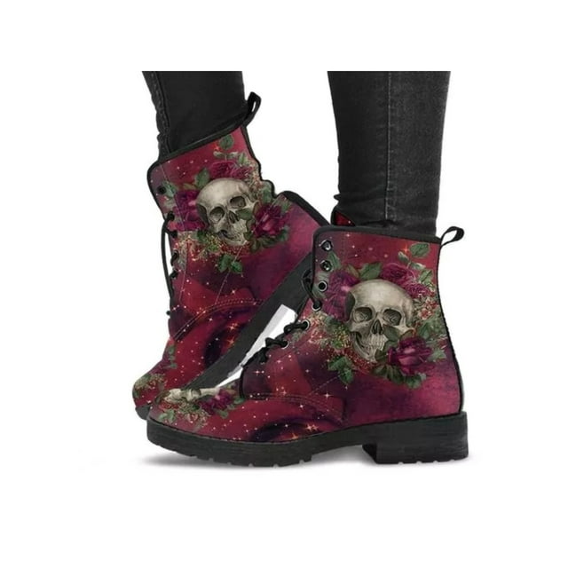 UKAP Women Leather Boot Floral Short Bootie Lace Up Ankle Boots Work Booties Waterproof Skull Rose 8