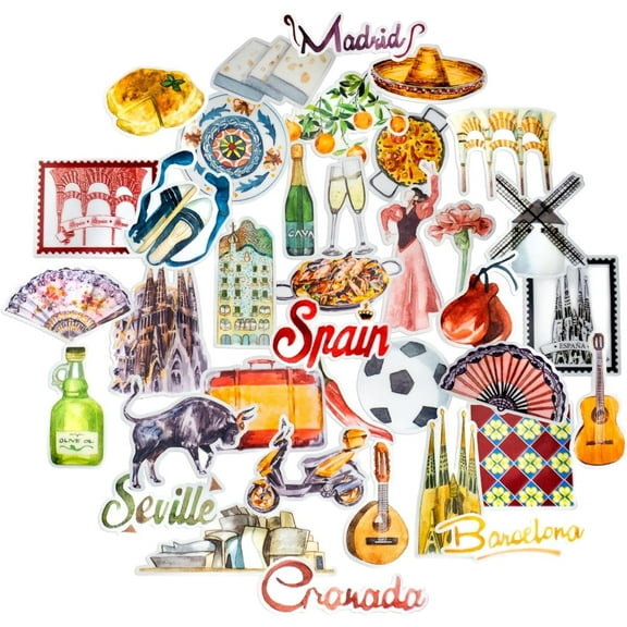 Navy Peony Spain Travel Stickers (36 Pack) - Waterproof, Spanish Decals for Scrapbook